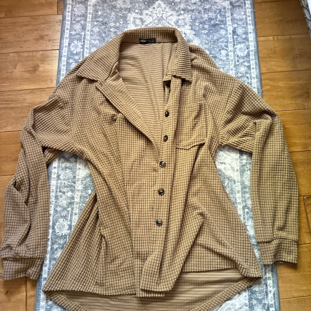 Tan Button-Up Waffle Knit Shirt